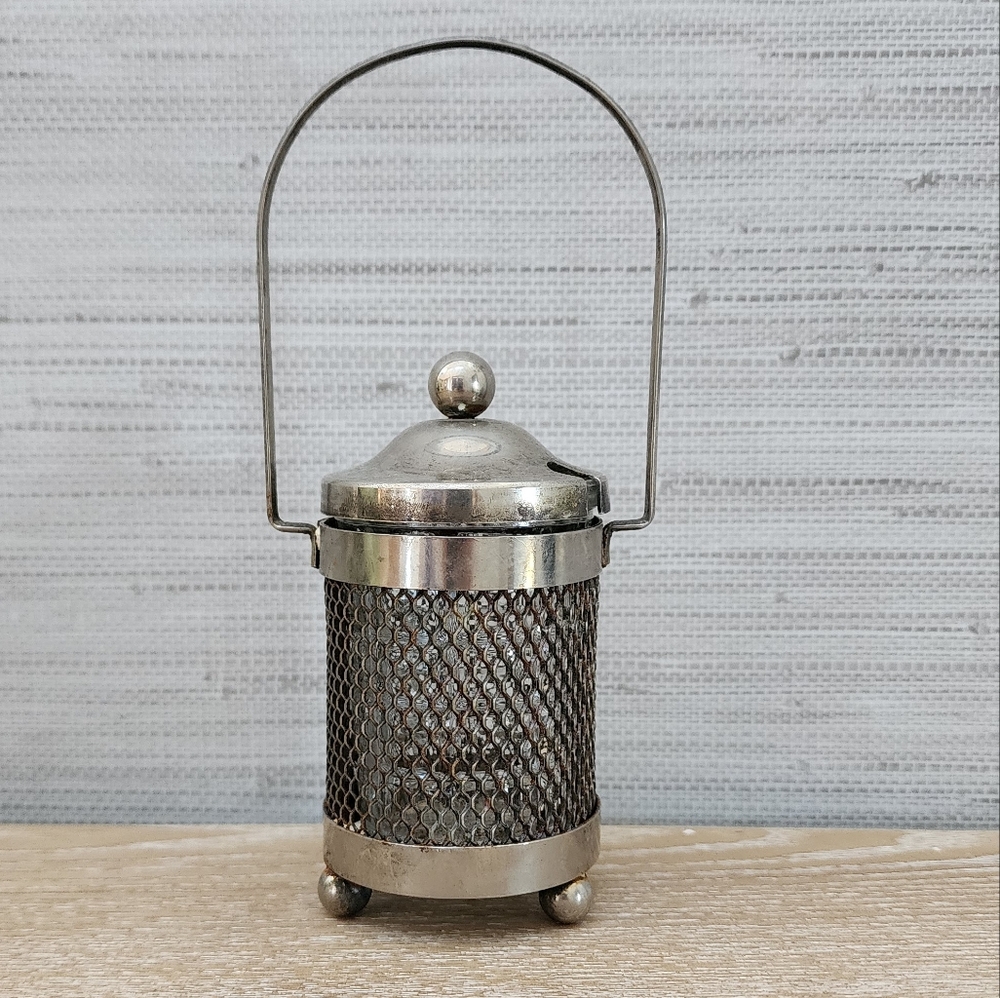Vintage, antique silver and glass lidded condiment jar, holder